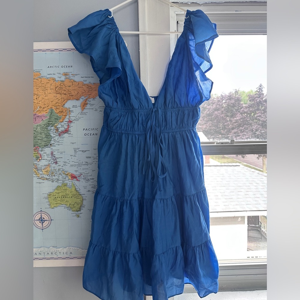 Blue Ruffled V-Neck Mini Dress